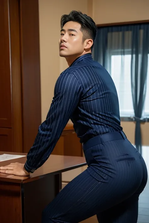 40-year-old boy ,Korean bulky male officer ,Wear navy blue police uniform shirt................ pinstripe navy blue smooth tight trouser, transparent pants obvious underwear print ,((unrealistic super big tight butt wearing pants)), legs wide open, legs on...