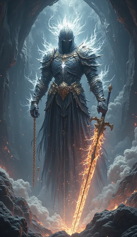 Ethereal warrior floating in a void, his fractured armor glowing like a dying star. Wielding a blazing broken greatsword, cracks in his body reveal galaxies within. Celestial chains drape from his wrists, anchoring him to fading realms. Behind him, ghostly...