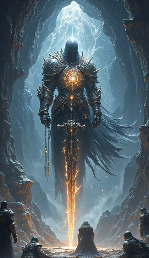 Ethereal warrior floating in a void, his fractured armor glowing like a dying star. Wielding a blazing broken greatsword, cracks in his body reveal galaxies within. Celestial chains drape from his wrists, anchoring him to fading realms. Behind him, ghostly...