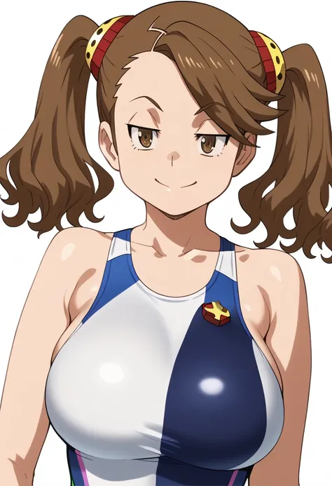  score_9,  score_8_ up,  score_7_ up,  anime screenshot, Break1girl, Kaoruko,  tea hair,  brown eyes,  Twin Tails,   hair ornament, 
 big breasts,  huge breasts , competitive swimsuit, competitive swimsuit,
 upper body, smile,  Watch viewers, Alone,  simpl...