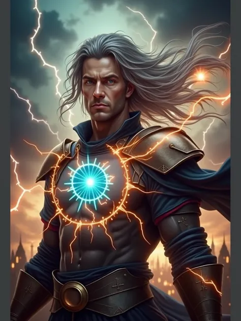 A highly muscular male figure resembling a powerful wizard or sorcerer, with long flowing gray-brown hair, depicted in a dramatic pose as if casting a spell. He is bare-chested, wearing metallic shoulder armor and a dark reddish-maroon robe that billows ar...