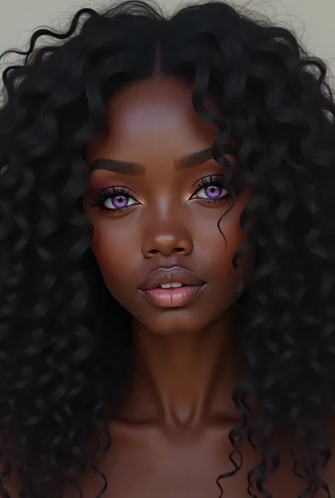 Black woman long curly hair light violet eyes 