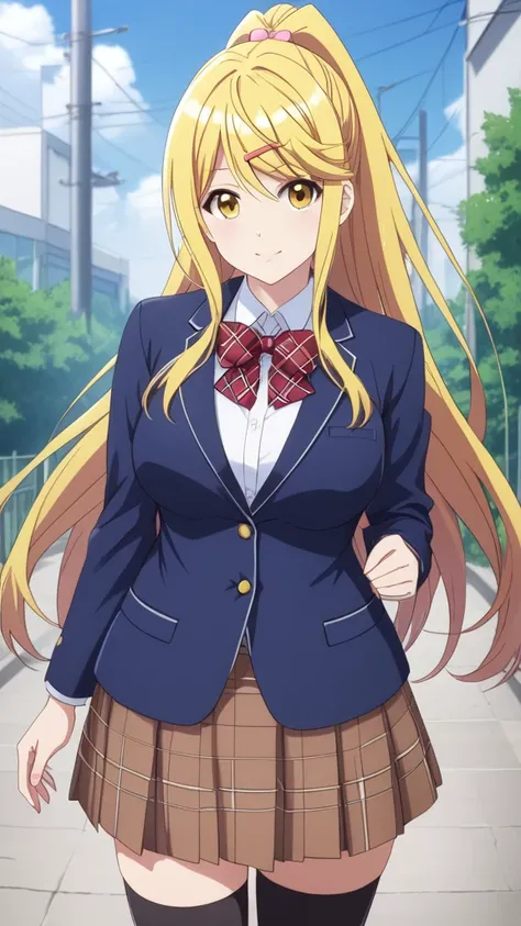 masterpiece, best quality, girl, looking at viewer, himari ishikura, long hair, bangs, blonde hair, hair ornament, yellow eyes, ponytail, hairclip, high ponytail, large breasts, red bow, striped bow, blazer, blue jacket, long sleeves, plaid skirt, brown sk...