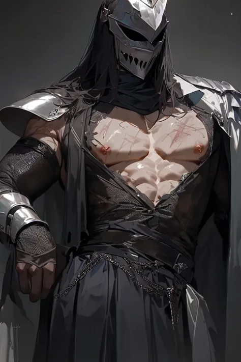 masterpiece, newest, absurdres, safe Solo, high detailed, male, handsome masculine male, Sexy male. Masculine male. Handsome Male, sexy male, Seductive, Exposed chest, exposed nipples, tattered skirt, rags and skirt, long hair, mask, knight helmet, knight,...