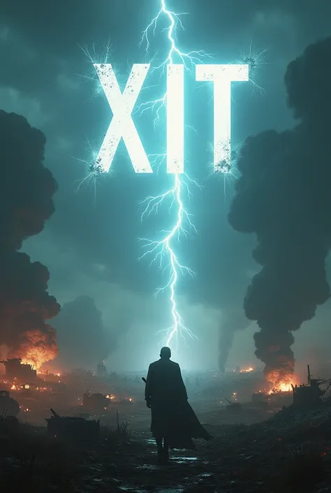 Create the word XIT falling from the sky like lightning on top of a war scene.