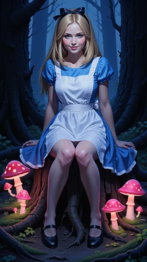 Inspired scene of the Alice In Wonderland in a short dress sitting on a stump, spreading her legs, black slippers, grin, blonde, dark fantasy aesthetic, fluorescent colors, luminescence, soft lighting, dark forest, several glowing pink toadstools with stra...