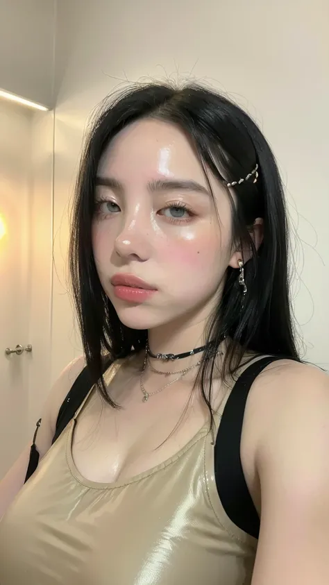 ((Highest quality, 8K, masterpiece :1.3)), Billie Eilish, Beautiful woman with slim abdominal muscles :1.3, (Random Hairstyles :1.2), Oversized tank top :1.2, Highly detailed face, Fine grain, double eyelid, Underarm、Slime Skin、Camel Toe、Giant tit、Nipple P...