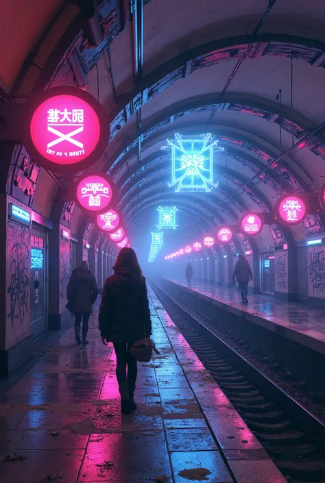 
 Create an illustration Brussels subway station , погруженную в  Cyberpunk-вселенную,  inspired by  * Cyberpunk:  Cyberpunk: blade runners *. Imagine a futuristic station with typical Brussels elements, For example,  signs in French and Dutch ,  and ,  ar...