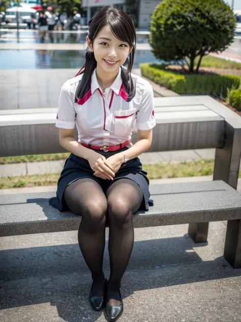 masterpiece, best quality, 1 girl, solo, 18 years old, (flat chest:1.3),skinny, Perfect Face, beautiful, extremely long hair, jal uniform, church, black pantyhose, pink lace panty, panties under pantyhose, japanese, (skirt lift:1.1), (show off panties:1.1)...