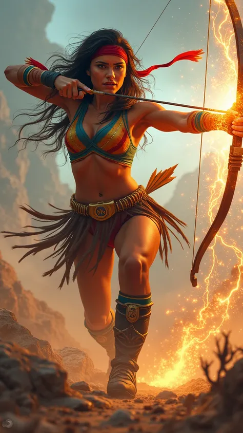 Native American Mirage in her xmen costume, red headband, shooting her bow and psionic arrows during a battle