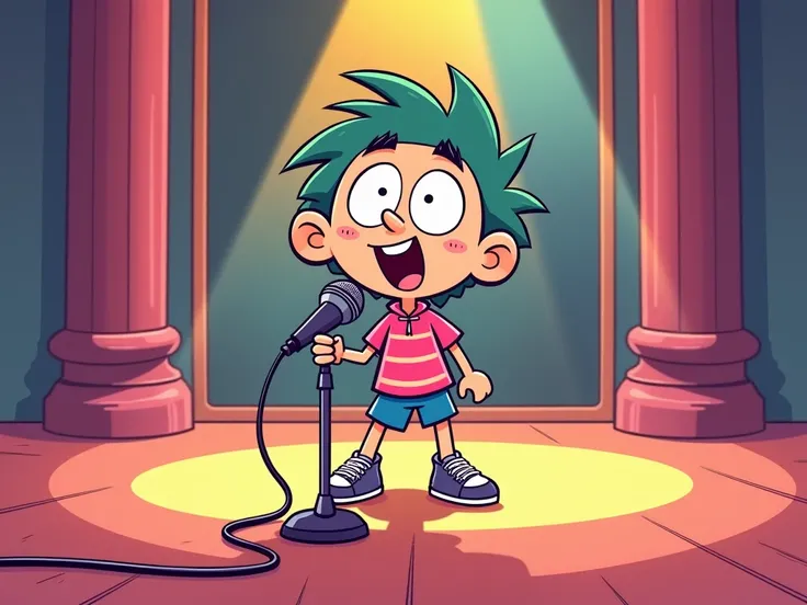 in the style of the Fairly OddParents 2d art, nickelodeon cartoon look, can i get an image of a character singing on a Microphone