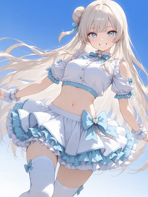 ((masterpiece, best quality, ultra-detailed character)), 1girl, platinum blonde hair, very long hair, single side bun, light blue eyes, idol clothes, white cropped shirt, frills, shoulder cutout, short sleeves, midriff, frilled skirt, white thighhighs, gri...