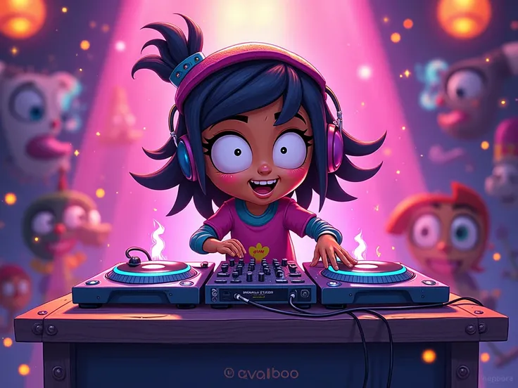 in the style of the Fairly OddParents 2d art, nickelodeon cartoon look, can i get an image of a character DJing