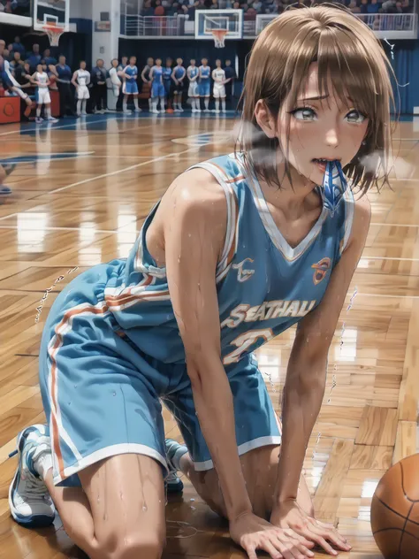 Woman basketball game, basketball uniform, brown bob hair, leaning forward, blush, full body, (embarrassed expression:1.3), (sweaty:1.7), (hard breathing:1.5), (Saliva:1.5), (mouth hold:1.5), (Trembling at sexual climax:1.5), (motion:line:1.5), spit take, ...
