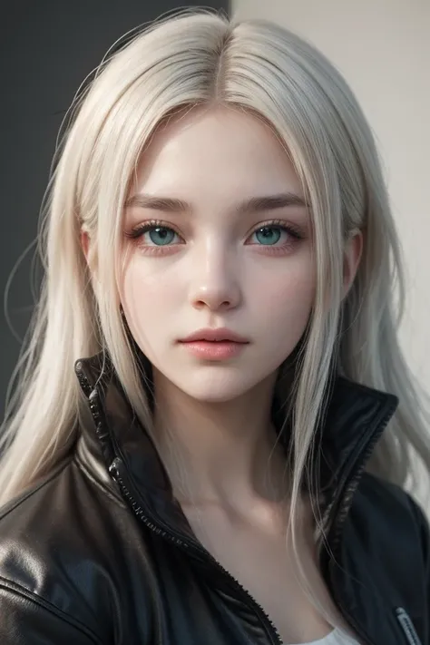 Beautiful gamer girl with green eyes and white hair and a black jacket with a gentle and relaxed personality 