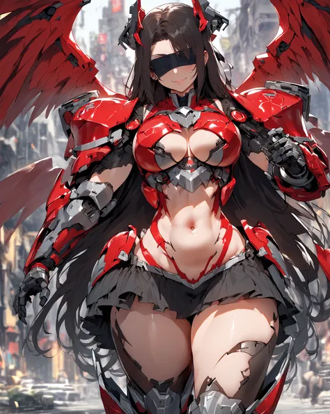 Anime, high detailed, 1 woman, solo, pit-dark hair, extremely long hair, blindfold, smile, big bosom, heat-red colored mechanical armor, curvy body, mechanical gauntlets (with clawed fingers), milf's thighs, long half-skirt, mecha boots, large mechanical w...