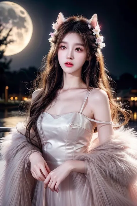 Long flowing brown hair，Fluorescent eyeshadow，Glowing pale eyes，Moon，Demon-free，Plush ears，moonlight，Flowing tulle，Best picture quality，Transparent flowers，Gradient petals，Flower hairpin，Noodles