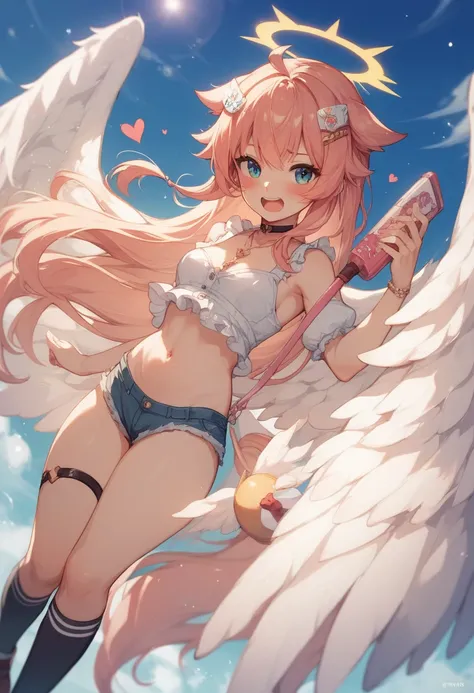 The daughter of a cute man with angel wings、Girl-like appearance、 Too Short Miniskirt 、 belly button out、 embarrassed expression、 flipping up miniskirt 、 knee socks、 flaps his angel wings and floats up、 with the rising sun on your back、 is floating、Hairsty...