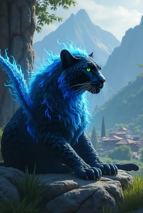 A black jaguar with a blue fire pelt with blue fire wings resting to the side with green eyes glowing larger than and the background is by a mountain was a small village in the valkey