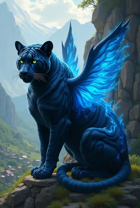 A black jaguar with a blue fire pelt with blue fire wings resting to the side with green eyes glowing larger than and the background is by a mountain was a small village in the valkey