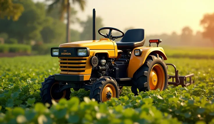 Side view of tractor Honda mighty 13 written Honda on front and work in fields with shining yellow colour mini tractor for formers