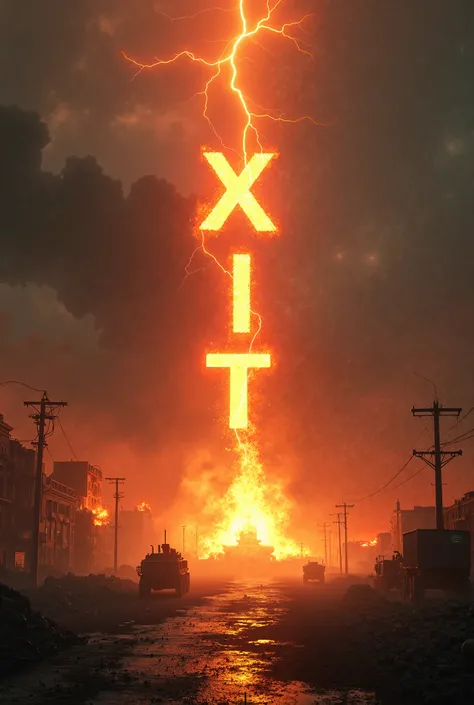 Create an image with the word XIT falling from the sky like lightning catching fire in a war scenario.