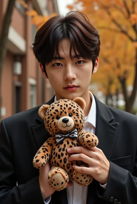  Ultra-realistic , Realistic,  Dramatic Scene , shadow, Full-area lighting, A young Japanese man，KOREAN MALE IDOL GROUP HAIRSTYLES，In the Fall，take a leopard teddy to his girlfrend