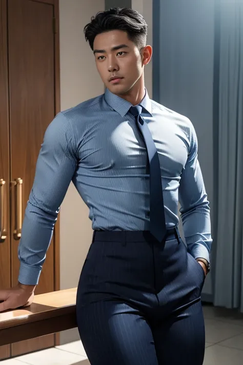 40-year-old boy ,Korean bulky male officer ,Wear navy blue police uniform shirt................ pinstripe navy blue smooth tight trouser, transparent pants obvious underwear print ,((unrealistic super big tight butt wearing pants)), legs wide open, legs on...