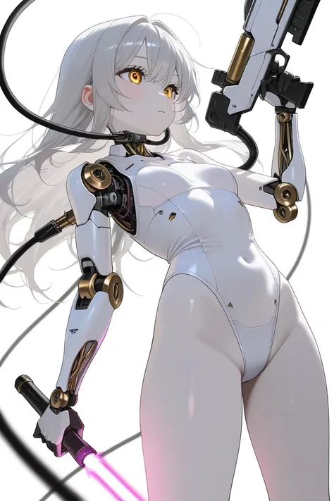 (best quality, background detail), best quality, original detail dynamic art, (golden eyes), image from waist down, inorganic gaze, detailed mechanical joints, reinforced exoskeleton, white leotard, white skin, gray hair, long hair, (one cyborg girl), (hol...