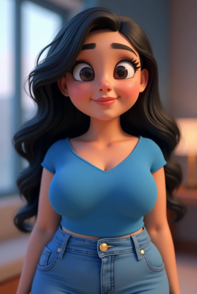 
"A Pixar-style 3D female character ,  with soft and expressive features .  Rounded face with slightly pink cheeks ,  large almond-shaped eyes with highlighted lashes,  arched and well-defined eyebrows.  Illuminated skin with a uniform tone and very long h...