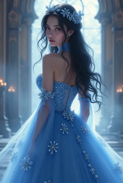 A very beautiful and graceful woman, facing the audience , with shimmering dark hair decorated with luxurious and elegant crystal baubles,wear a beautiful blue dress decorated with embossed flowers that form a beautiful and delicate floral structure with a...