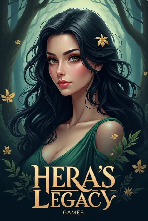 Logo for video game company with the name Hera's Legacy Games featuring a beautiful woman with wavy black hair