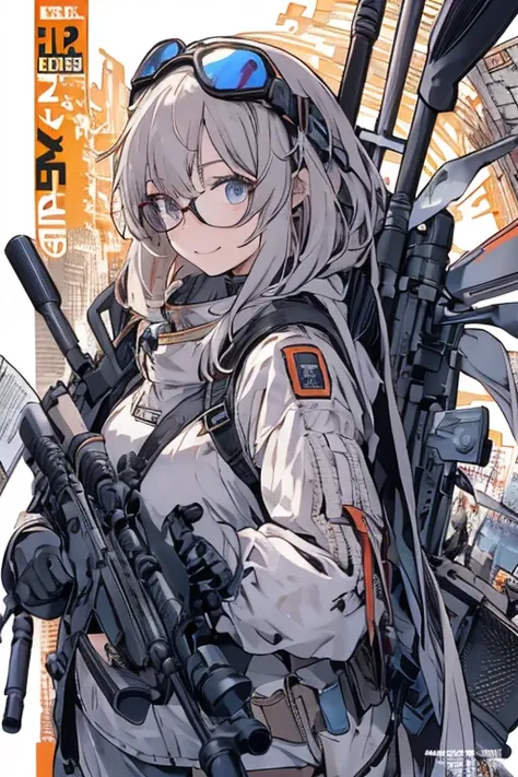 (best quality ), a girl have one rifle with her hand , Platinum color hair , The dreamer wants purplish blue eyes , medium , Lori will do it, (masterpiece:1.2, best quality ), (Beautiful detailed depiction : 1.2), ( beautiful detailed face ), ( small Breas...