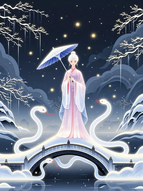 New Chinese simple illustrations, national style, transparent, glowing, fluorescent white, white snake,  1girl ，West Lake Broken Bridge ，The remaining snow spreads，The bluestone slab is half-hidden，The lake in the distance is sparkling，Willows on the shore...