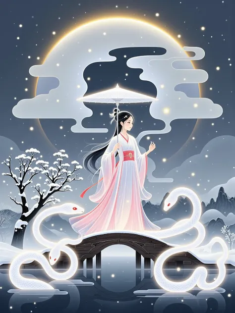 New Chinese simple illustrations, national style, transparent, glowing, fluorescent white, white snake,  1girl ，West Lake Broken Bridge ，The remaining snow spreads，The bluestone slab is half-hidden，The lake in the distance is sparkling，Willows on the shore...