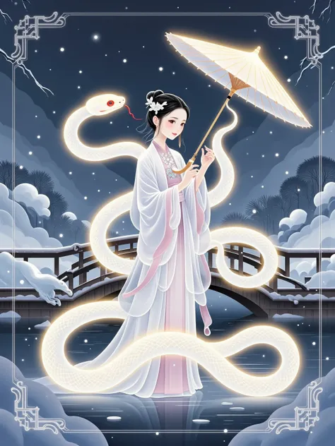 New Chinese simple illustrations, national style, transparent, glowing, fluorescent white, white snake,  1girl ，West Lake Broken Bridge ，The remaining snow spreads，The bluestone slab is half-hidden，The lake in the distance is sparkling，Willows on the shore...