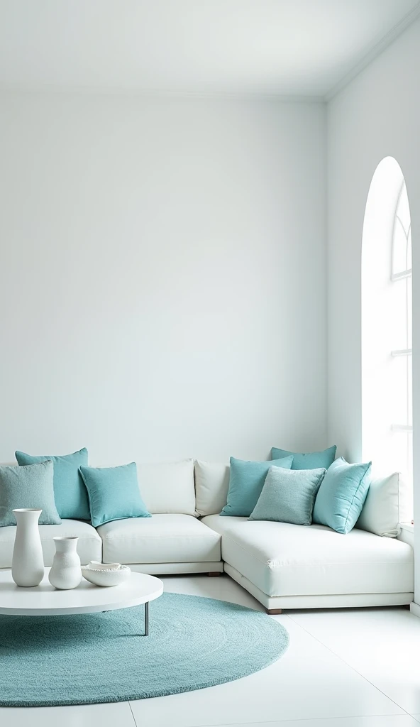 Create me the image of the living room of a completely white house with aqua-blue decorations