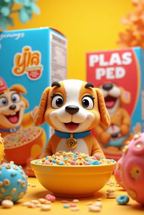 Cereal box advertising for ren with a bowl with cereal and cereal packaging, The mascot is a dog 