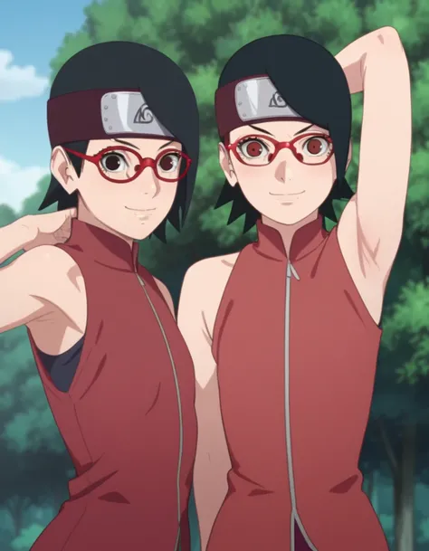 source_anime, sarada uchiha, short hair, black hair, black eyes, red-framed eyewear, glasses, swept bangs, looking at viewer, eye contact with viewer, smile, (smug:0.8), closed mouth, light blush, bare shoulders, bare arms, bedroom background, arm up, rais...