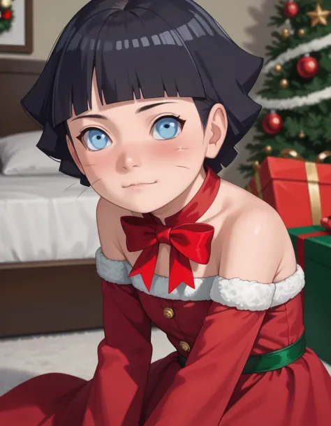 full body, source_anime, uzumaki himawari, short hair, black hair, blue eyes, whiskers markings, blunt bangs,full face blush, bare shoulders, bedroom background, dissapointed, humiliation, .body covered in a Christmas bow, girl tied up as a Christmas gift