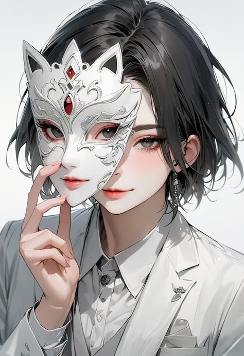 ( best quality:1.4, masterpiece,  black and white), male, One person,  big dark eyes,  short hair,  black hair,  bangs are asymmetrical, suit, smile, Show your face, Venetian Mask, Hold a mask in your hand,  the size of the mask is the same as the size of ...