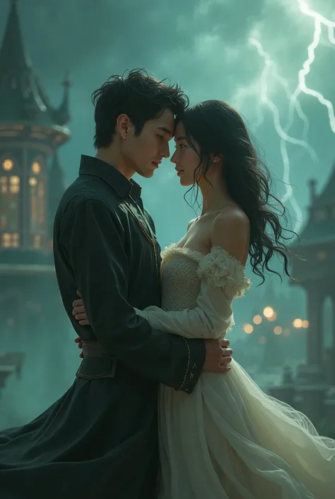 a young girl and a young boy, in their twenties, from fantasy world, she has jet black hair and green eyes, they are in love, they are from kingdom of air, the yar in storm