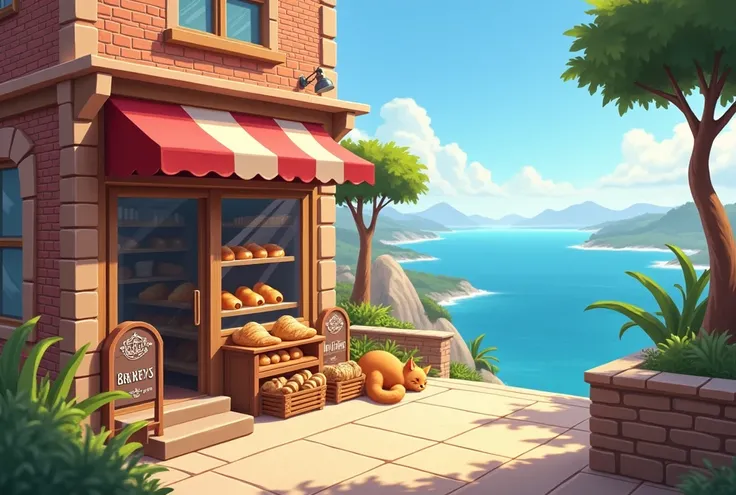 A small bakery on a hill in a European port city， Bread is lined up in front of the store，A cat is sleeping in front of the store ，Blue Sea，Slope，Brick making，Game art style