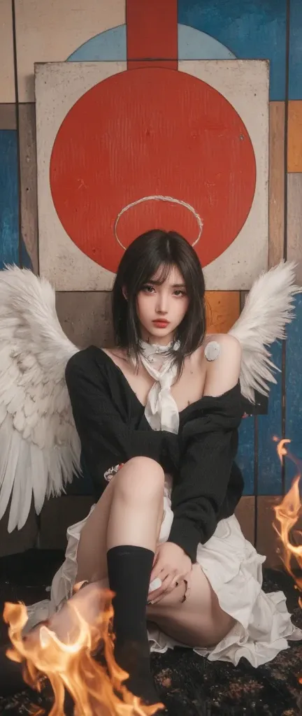 Black Hair,short hair,black eye,Angel&#39;s wing,Black clothes,Gender unknown,Expressionless,The lines are a little rough, best quality, masterpiece, 748cmstyle, 1girl, angel wings, white skirt, glitch, halo, bandaid on leg, black hair, barcode, school uni...