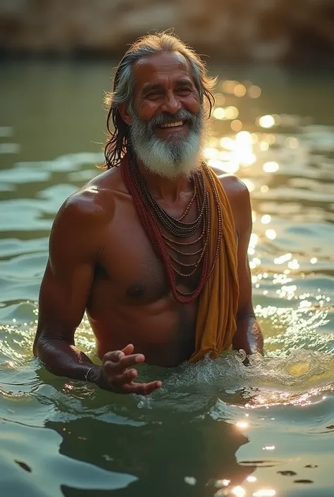 Biblical man leprosy Naaman in the river,  by diving seven times .  When he emerges from the water ,  his skin is healed ,  and he smiles in gratitude .  The light shines around him,  symbolizing the transformation .