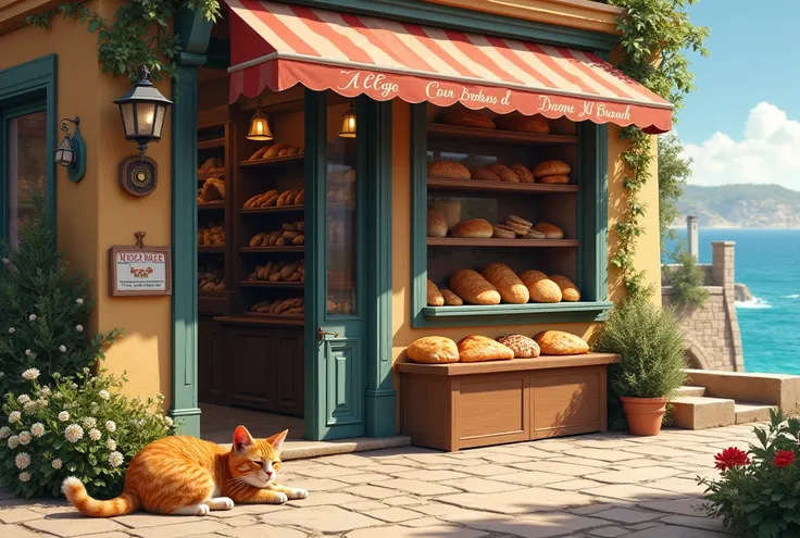 A small bakery on a hill in a European port city， Bread is lined up in front of the store，A cat is sleeping in front of the store ，Blue Sea，Slope，Brick making， fantasy style， detailed depiction 