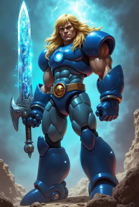 Create a hybrid character combining Mega Man and He-Man in a powerful and seamless design. The character should have Mega Man's advanced blue armor, integrated with glowing energy lines and a mechanical arm cannon, while also incorporating He-Man's muscula...