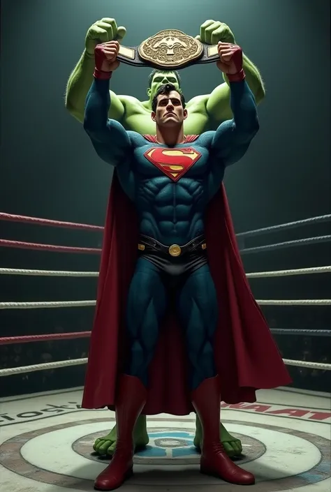 Ek realistic image create Karo mma ring me superman apne dono hatho se mma belt ko hawe me uthaya hai usake pichhe hulk bhi apne hath uthaya hai