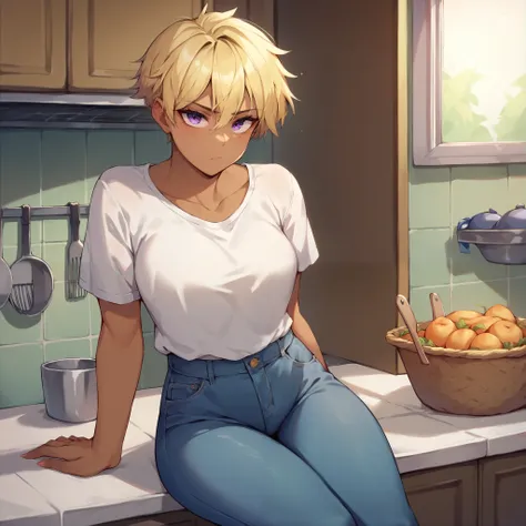 a tomboy with dark skin, blonde hair and purple eyes. she looks concerned at you while in kitchen. she is wearing a white tshirt and blue jeans.