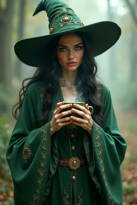 Image of a woman dressed as a witch, in green color, having a coffee 